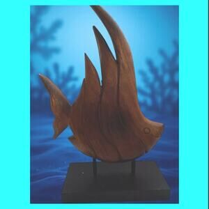 Carved Wooden Fish 13 Inches Mounted On Black Wooden Base